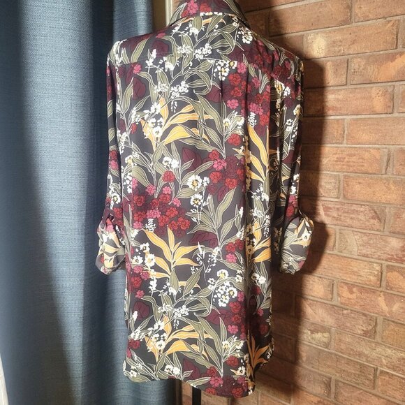 LOFT Floral Blouse Long Roll Tab Sleeves Button Down Blouse - Size L - Picture 3 of 8